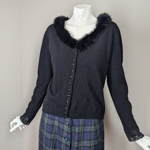 Vintage 90s Tristan & Iseut Lambswool Cardigan with Rabbit Fur Trim Size M